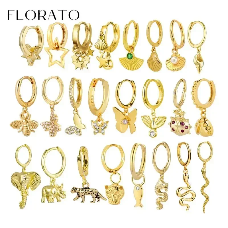 925 Sterling Silver ear needles Animal Butterfly/Elephant/Shell Pendant Hoop Earrings For Women Fashion Jewelry Accessories
