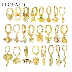 Pendientes de aro con colgante de mariposa/elefante/concha para mujer, de Plata de Ley 925, accesorios de joyería de moda