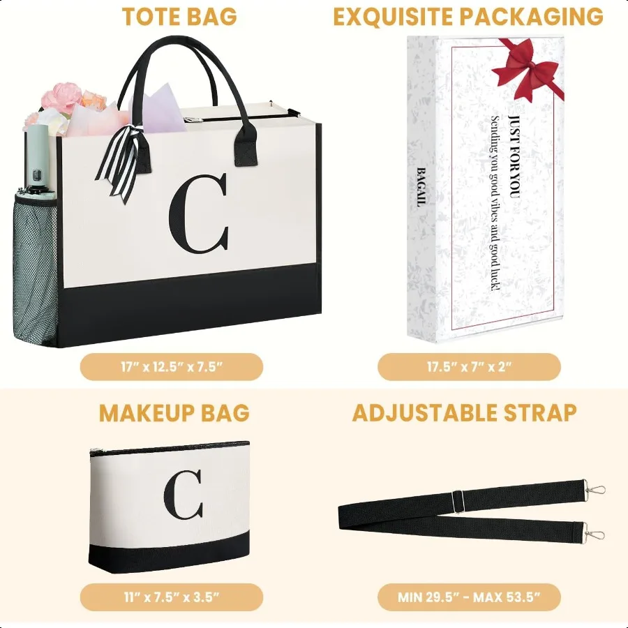 BAGAIL Initiale Tragetasche, personalisierte Geburtstagsgeschenke für Frauen, Lehrer, Freunde, Mutter, Hochzeit, Strandtasche mit Monogramm
