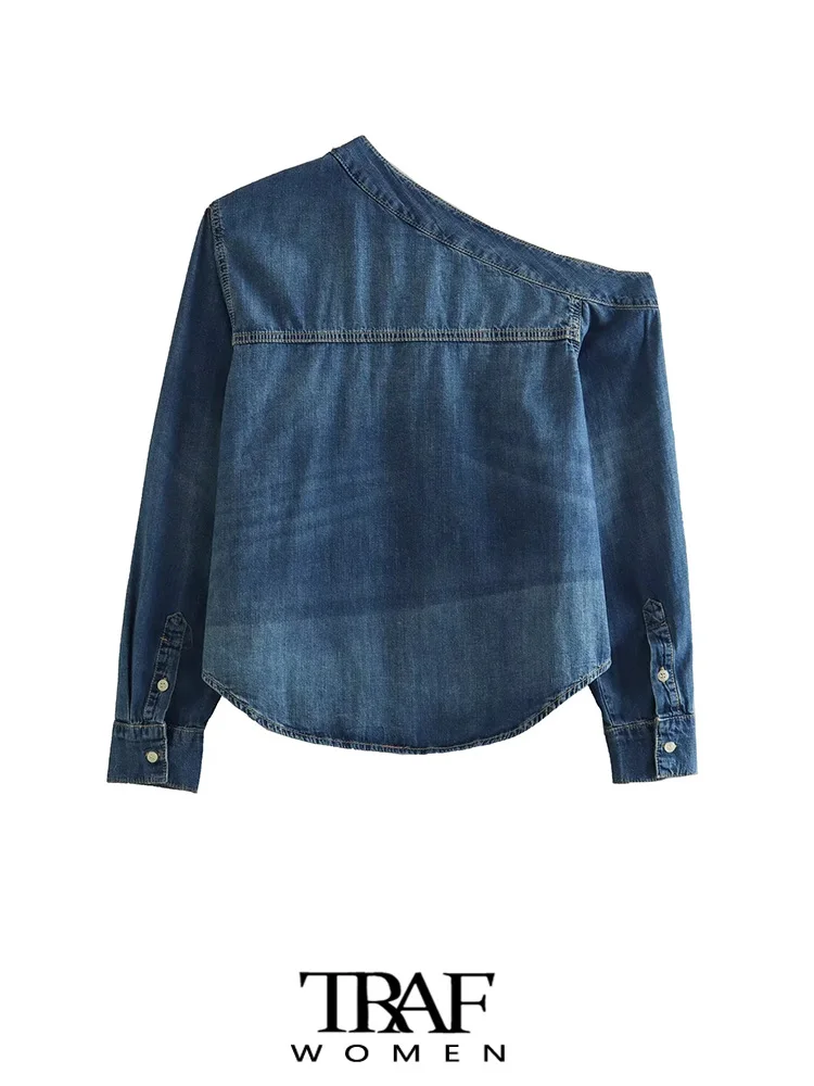 TRAF-Asymmetric Denim Shirts With Pockets For Women, Long Sleeve, Front Button, Female Blouses, Chic Tops, Fashion