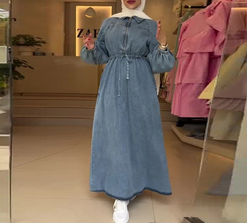 

2025 Fall New Women's Long Sleeve Lace Up Waisted Denim Loose Long Dresses