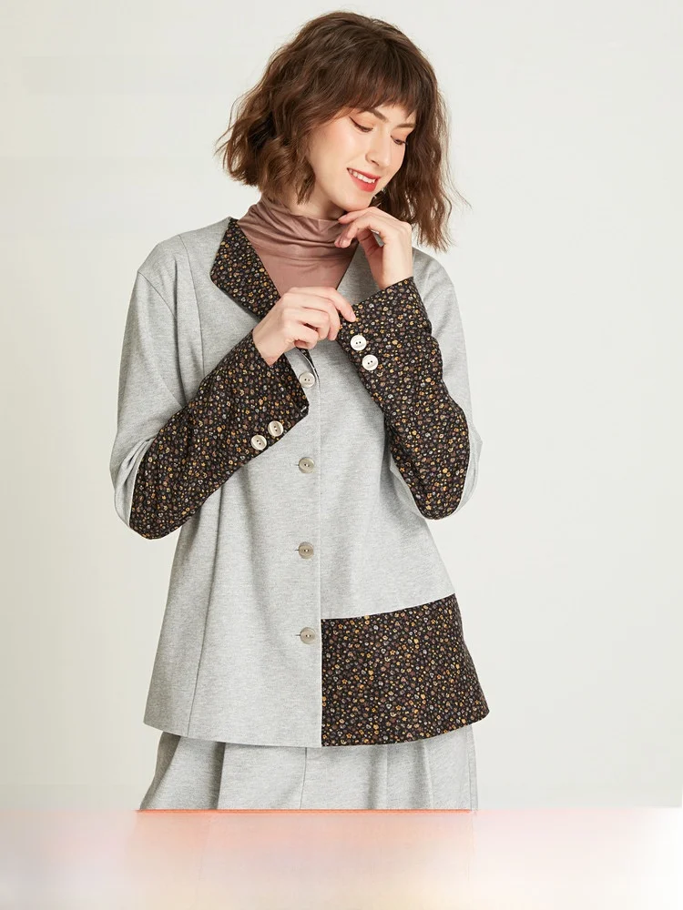 

Faionable ey Asymmetric Design Turn-down Collar Single-button Women's Jaet und ow Commute Sle Polyester Cotton B...