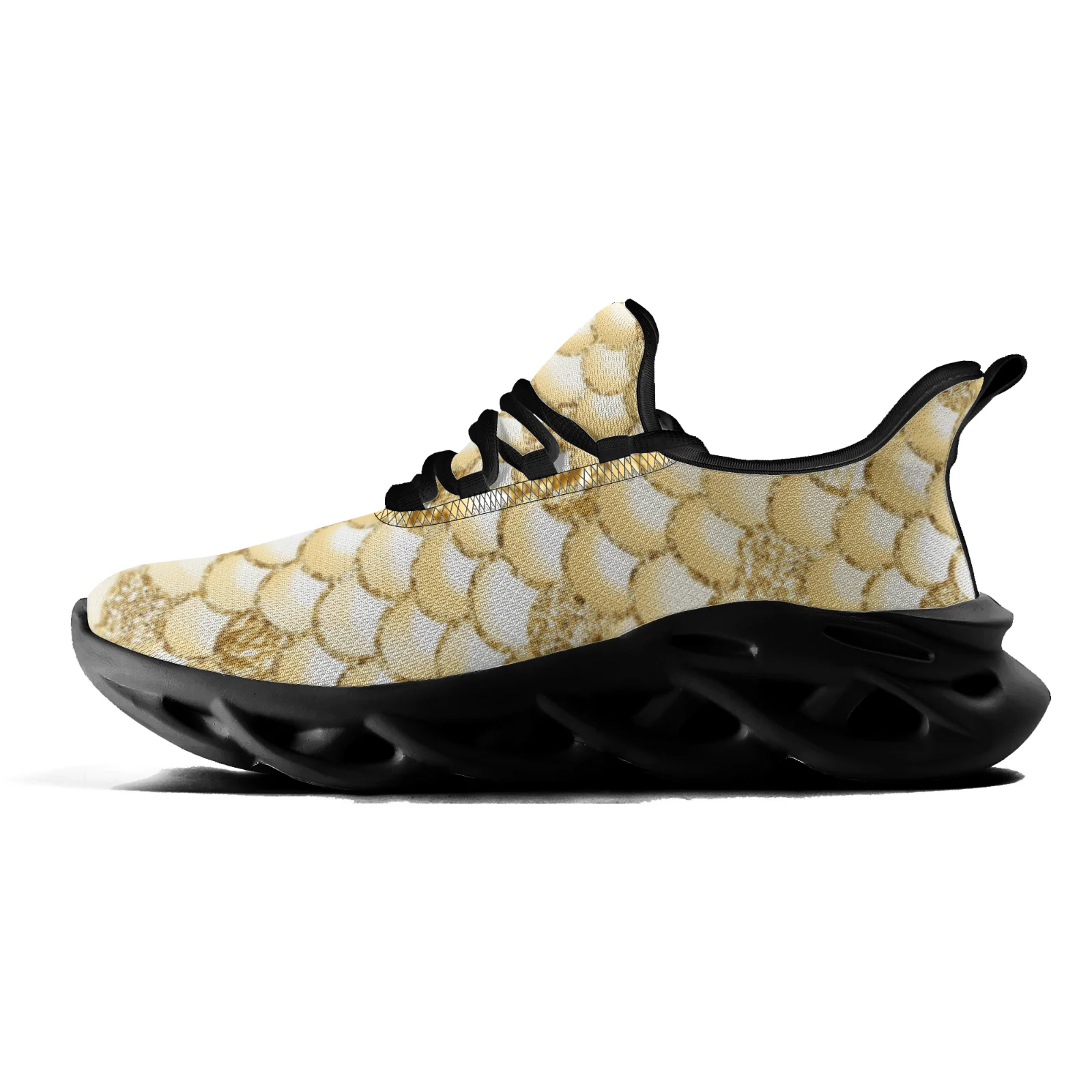 Buty sportowe z nadrukiem łusek złotych ryb dla kobiet i mężczyzn, lekkie buty do chodzenia i biegania, sznurowane siateczką.