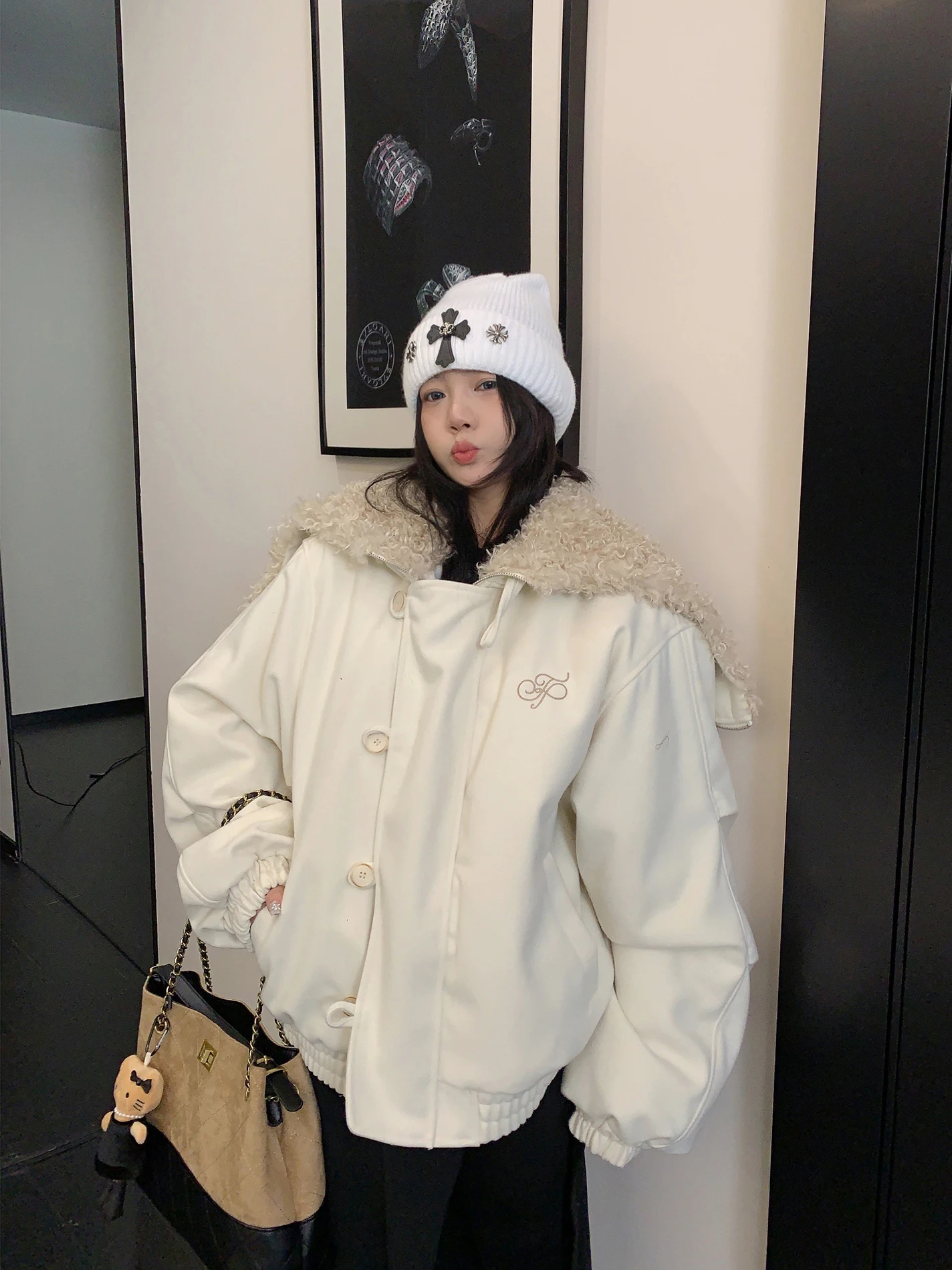 

Thiened Woolen Navy Collar Parka Coat Loose Fit Warm Cotton Jaet Street Sle Women's Winter Faion Casual Color