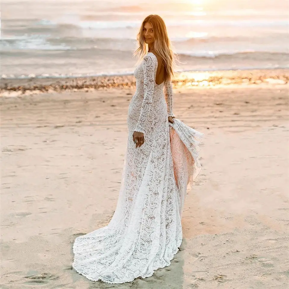 Vestido De novia bohemio De encaje personalizado, vestidos De novia De playa con espalda descubierta y abertura lateral De manga larga, Vestido De novia 2024