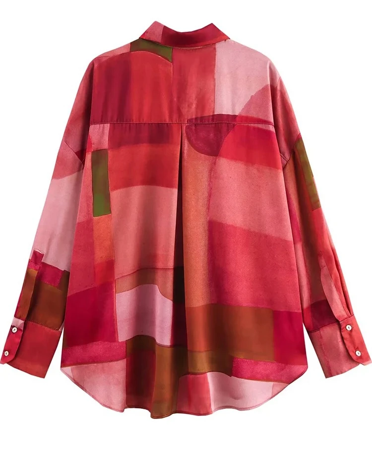السيدات هندسية مطبوعة بلوزة الربيع السيدات قميص متعدد الألوان المطبوعة طية صدر السترة كم طويل #2