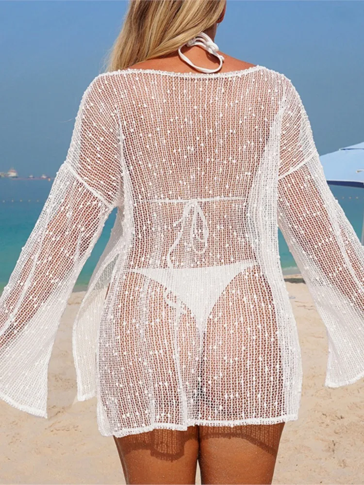 قطعة واحدة مثير المرأة متماسكة الشاطئ شق فستان قصير الجوف التدريجي س الرقبة طويلة الأكمام بيكيني الاخفاء الخريف فستان مناسبات 2026 الصيف #3