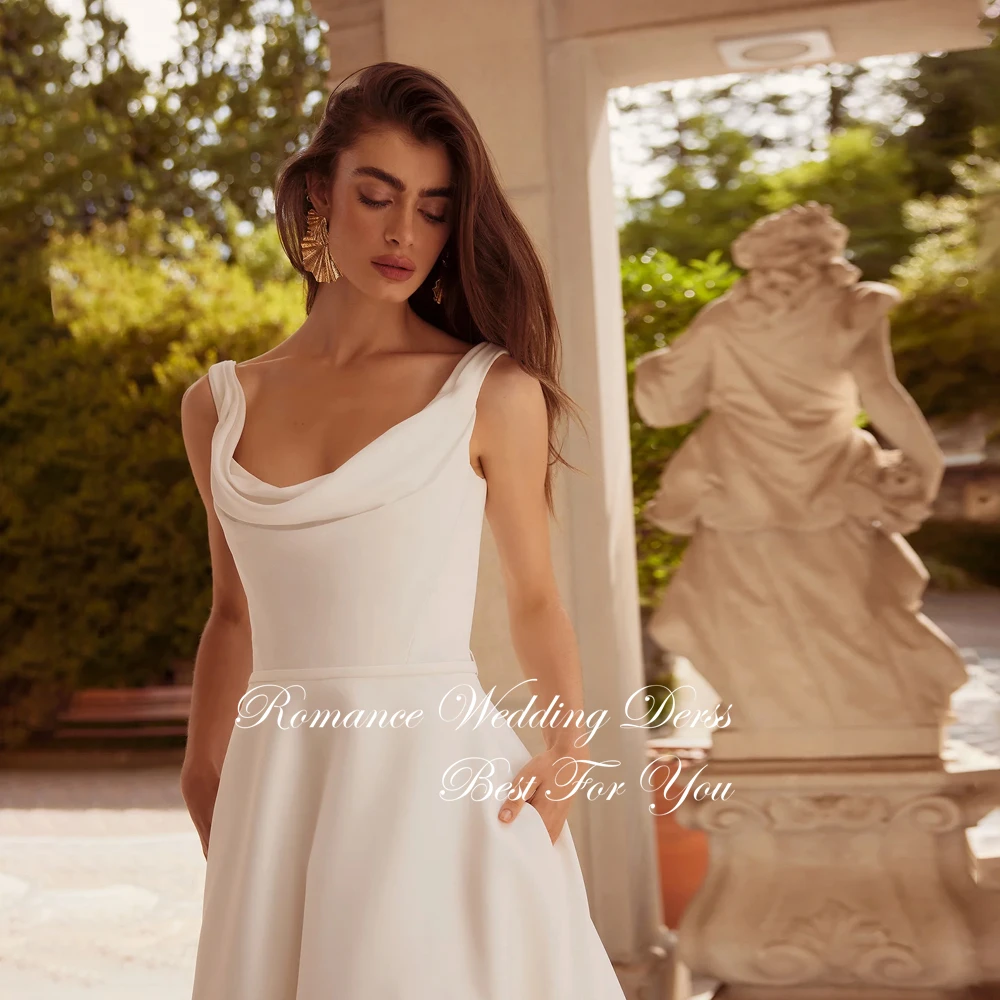 Clássico plissado barco-pescoço a linha vestido de casamento feminino com bolso sem mangas alças espaguete aberto volta vestido de novia personalizado