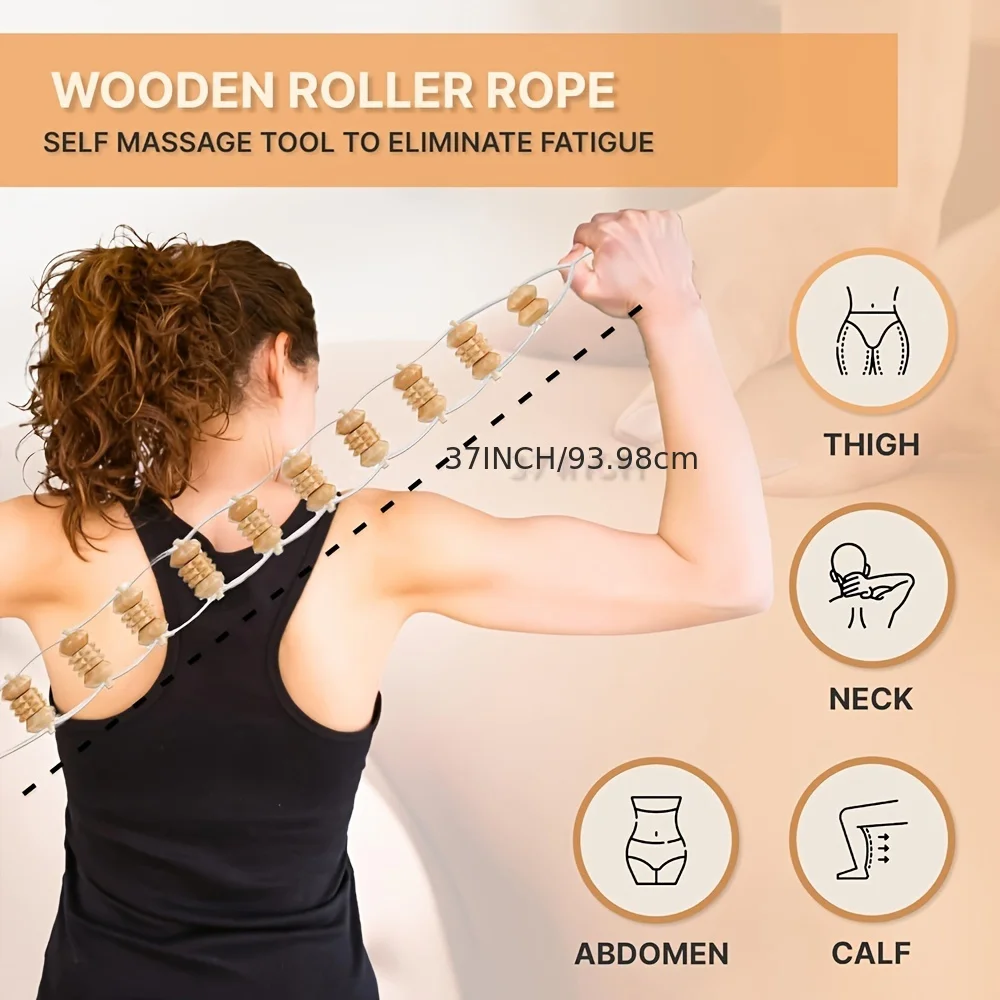 Wooden Massage Roller and Wood Back Massage Roller Rope,12 Rollers and 360° Turn Smoothly Curved Muscle Roller for Body Shaping