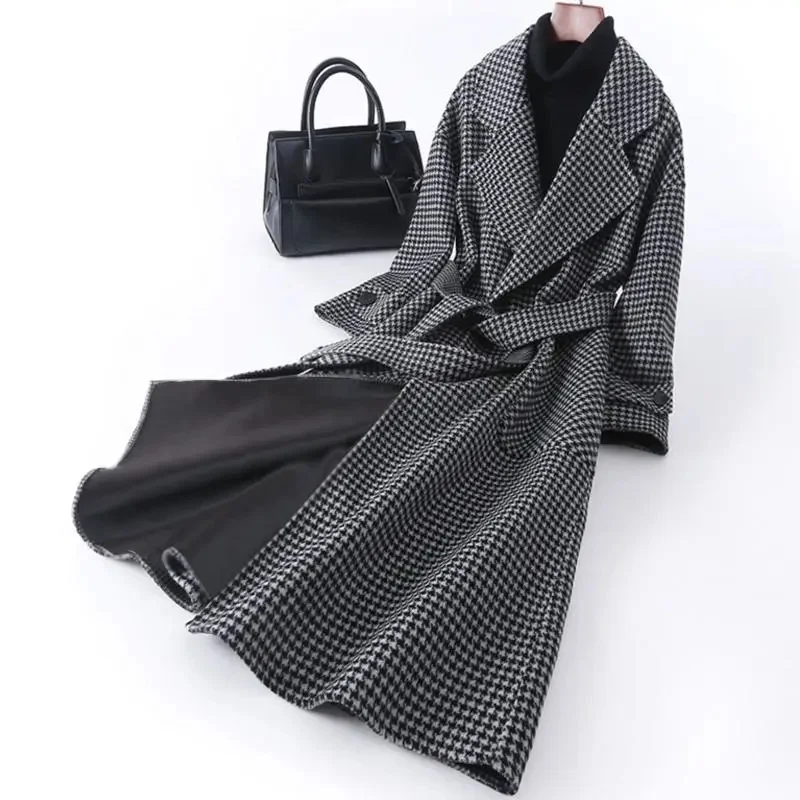 Women's Thousand Bird Plaid Woolen Coat 200kg Fat Sister 2023 Winter Loose New Slim Mid length Thickened Cloth Children's Coat