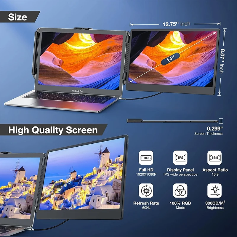 موسع شاشة الكمبيوتر المحمول المحمول 14 بوصة IPS FHD 1080P شاشة كمبيوتر محمول للسفر باللون الأسود متوافقة مع نظام التشغيل Windows Mac Travel Work #6