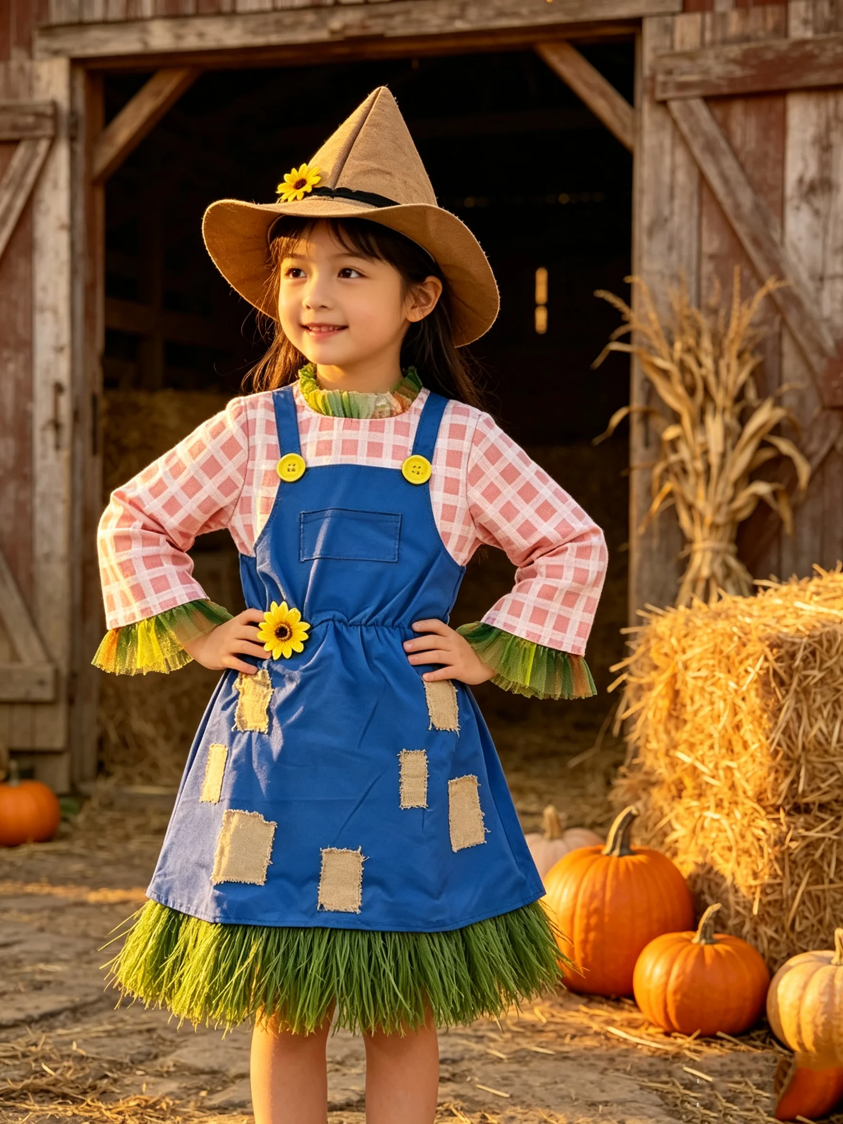 Conjunto de disfraz de espantapájaros para niños, vestido a cuadros con mangas acampanadas + sombrero decorado con girasoles para cosplay de Halloween