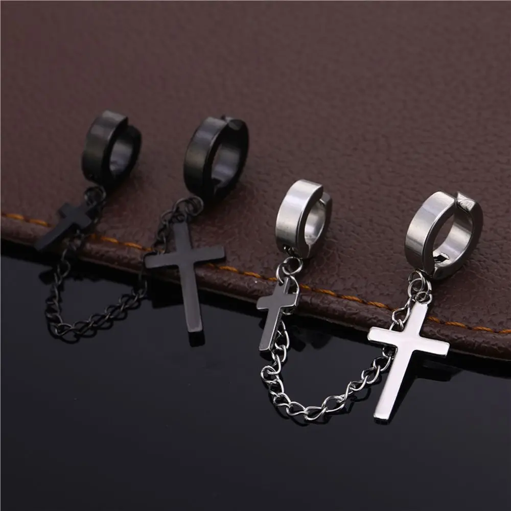 Ear Jewelry Titanium Steel Tassel Punk Cross Clip On Earrings Korean Stud Earrings Women Ear Clip Men Ear Cuff Dangle Earrings