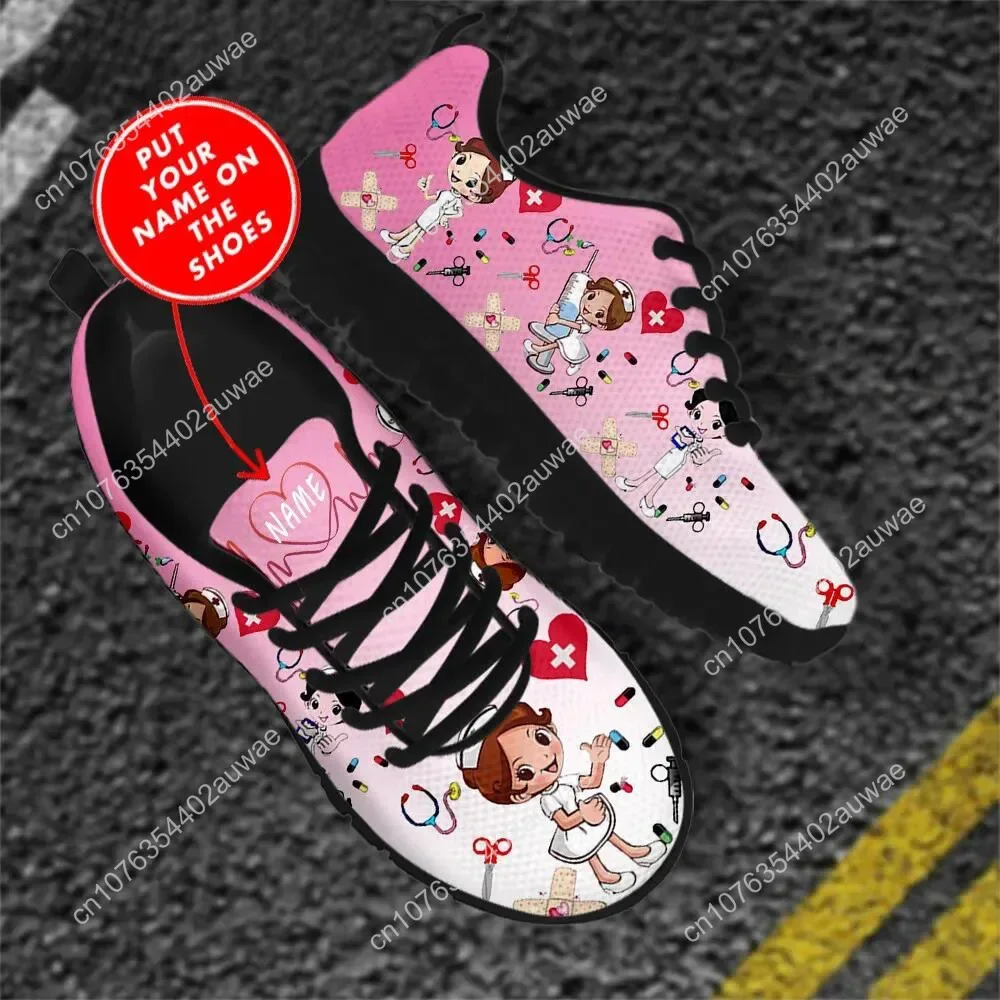 Pink Nursing Shoes Ladies Flats Sneakers Cute Cartoon Nurse/Doctor Brand Design AF Mesh Lightweight Female Footwear