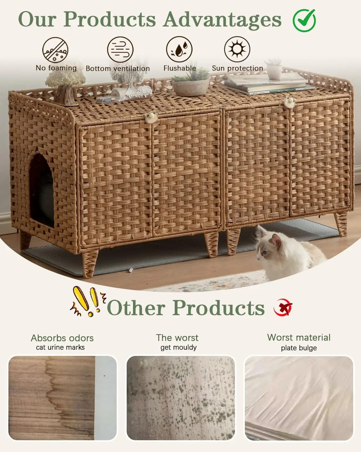 حاوية صندوق نفايات القطط لقططين، أثاث صندوق نفايات مزدوج مع حصيرة فضلات، بيت قطط كبير مخفي من الروطان مع مزدوج