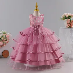 Girls' chiffon retro princess dress 4-12 years old flower embroidery long dress banquet host fashion high-end performance dress