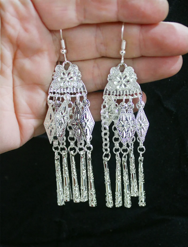 Miao Silver Earrings Hmong Jewelry Festival Accessories Hyperbole Tassel