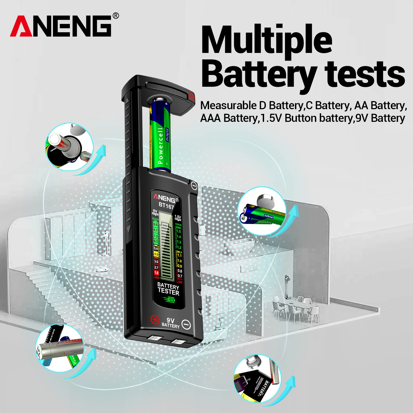ANENG BT167 Universal Battery Tester No Power Supply Required Compatible with Multiple Models AA/AAA/9V Battery Level Detection
