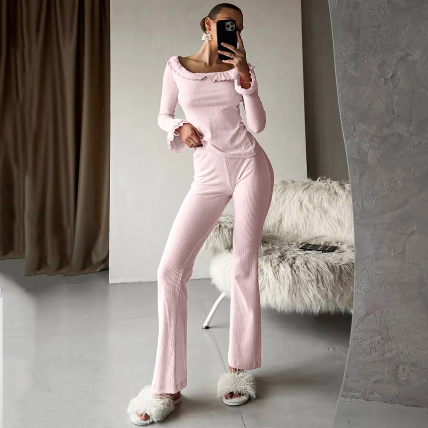 

HiLoc Элегантный розовый вязаный комплект брюк Пижамы для женщин Повседневные футболки с оборками и брюки с эластичной резинкой на талии 2 предмета 2025 Домашние брючные костюмы