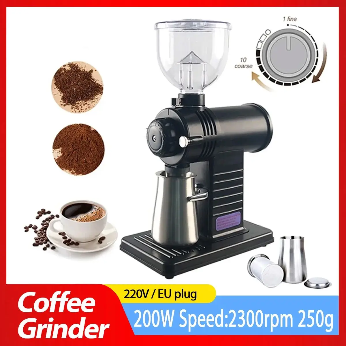 220V Electric Coffee Grinder Machine Coffee Beans Particle Fully Automatic Detachable 10 File Adjustable High Capacity Fast