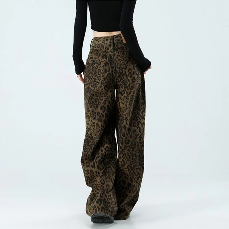 

Women's Vintage Brown Leopard Print Wide Leg Jeans High Waist Loose Casual Y2K Streetwear Denim Pants