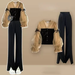 A Complete Set of Tea Series Celebrity Top Suit for Women in Spring 2024 New Western-style Clothes Wide Leg Pants Two-piece Sets