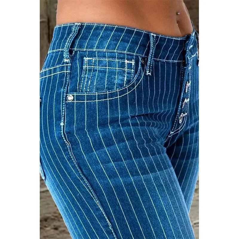 Jean à rayures femmes taille moyenne pantalon évasé dames pantalon femme décontracté mince été bouton haute élasticité élégant bureau dame