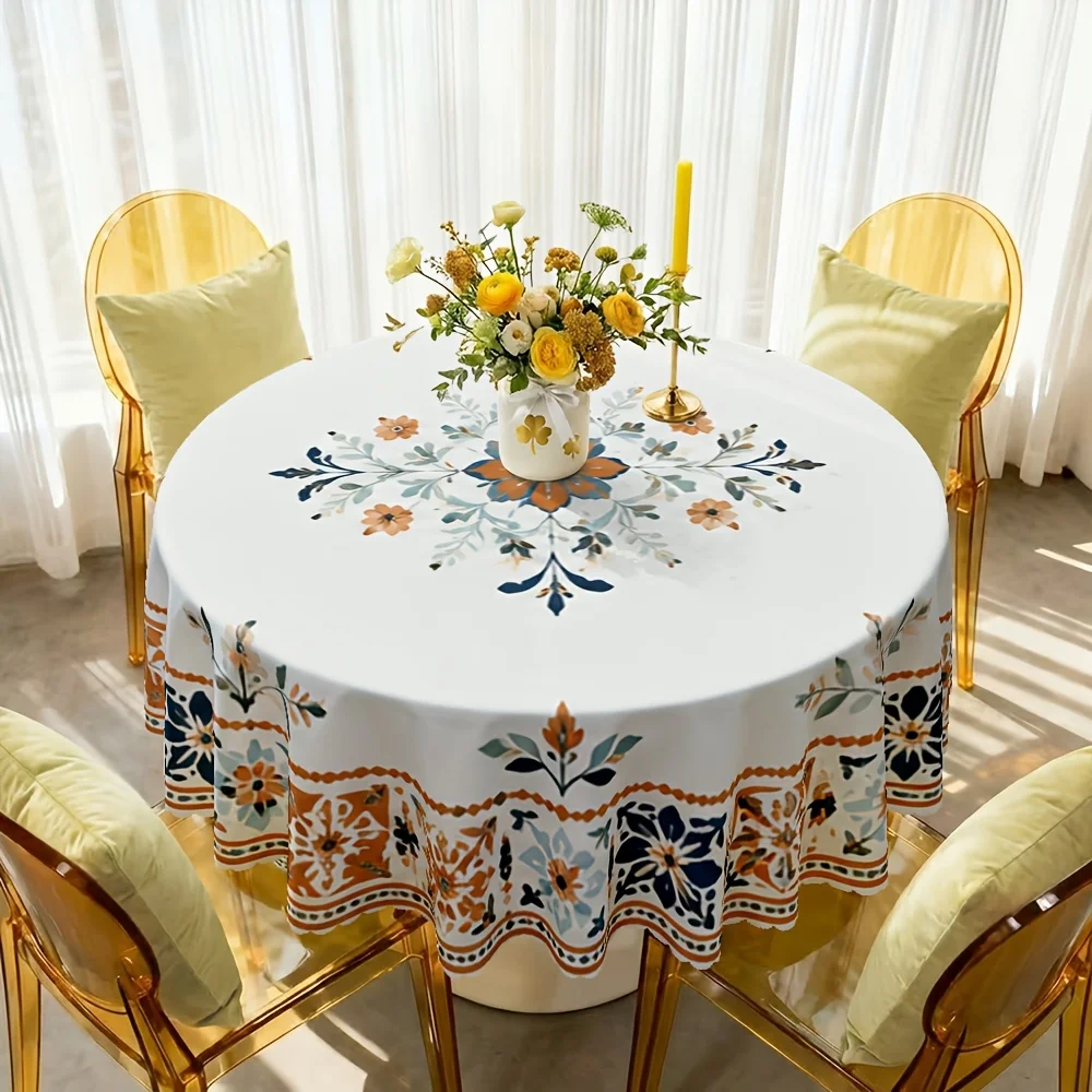 One polyester tablecloth with floral pattern and geometric border design, in navy blue color.