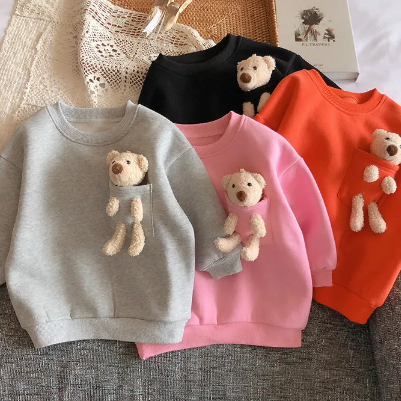 2020 Autumn Winter New Arrival Girls Fashion Bear T Shirt Kids Candy Color Warm Fleece Tops  Kids Clothes