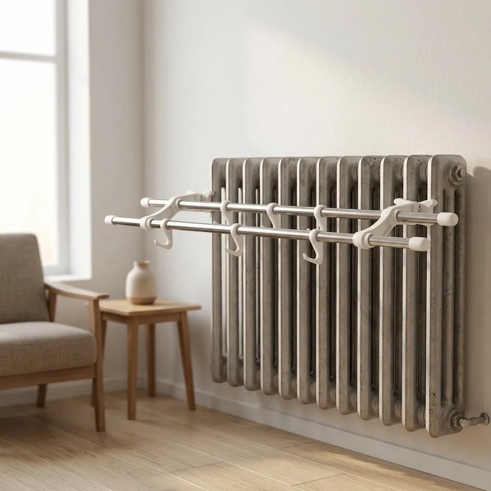Stainless Steel Radiator Mounted Double Pole Towel Rail with 6 Hooks for Consistent Drying Performance and Stability