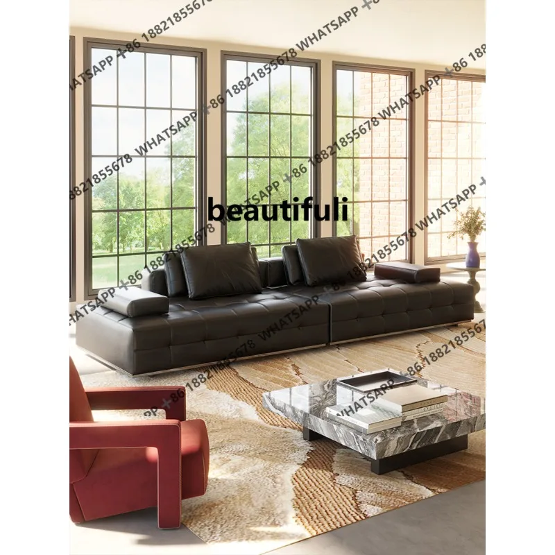 Minimalist all leather, sofa large apartment living room floor simple black modern high-end leather sofa