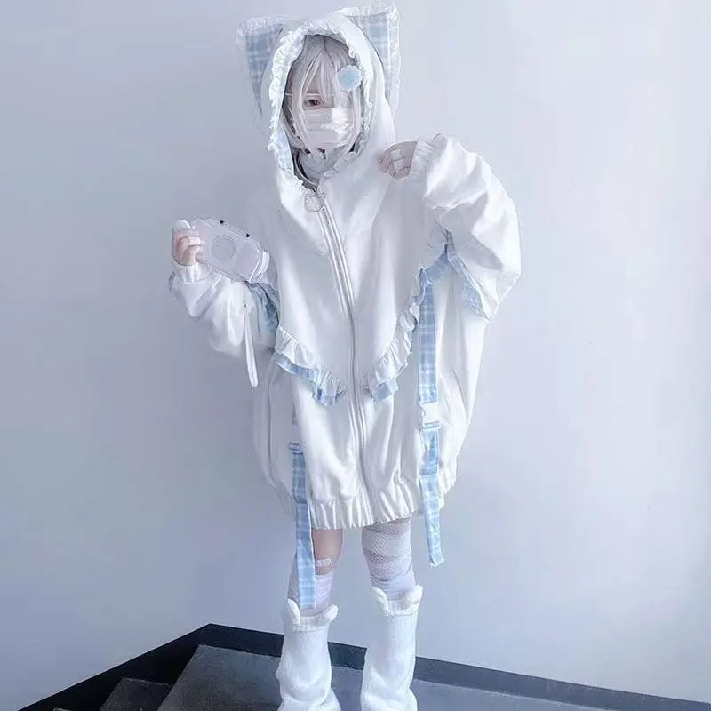 

Japanese Subculture Casua Kawaii Loose Jackets Womens Streetwear Outwear Patchwork Plaid Ruffles Zipper Hooded Tops Chic Coat