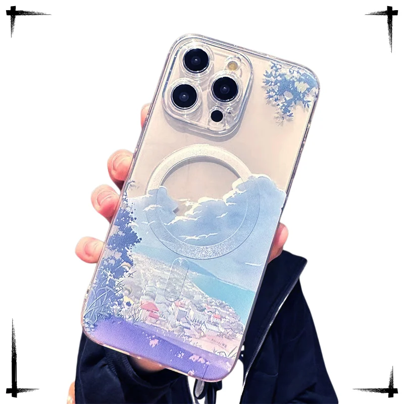 Japan Landscape Sakura Cherry Blossom Mountain With MagSafe Phone Case For iPhone 17 16 15 14 13 12 Pro Max Silicone Soft Cover