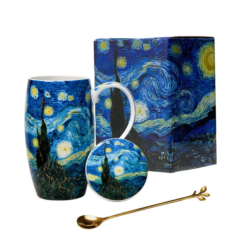 Van Gogh Oil Painting Mug Ceramic Coffee Cup Starry Night Creative Large Mugs Espresso Cups Bone China Gift Box with Lid Spoon