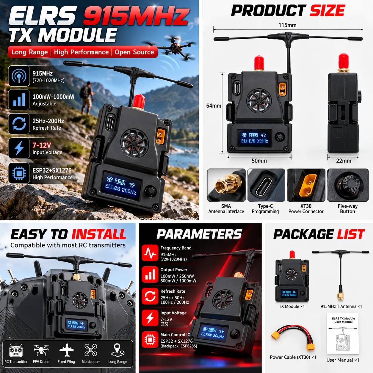 ELRS-915M-TX RC ExpressLRS ELRS TX Module 2.4G 915MHz With Display Screen And Cooling Fan For RC Airplane FPV Long-Range Drone