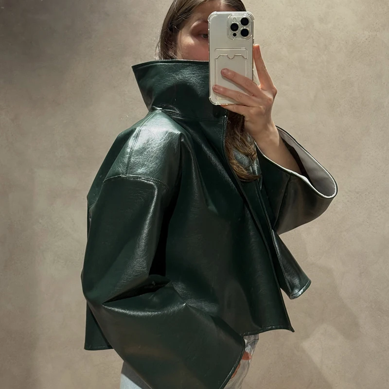 Rollkragen-Kurzjacke aus Kunstleder für Damen, Oversize-Streetwear mit Langen Ärmeln, Einfarbig, Locker Sitzende Mäntel, Schicke Damen-Oberbekleidung, Neue Kollektion – Detail 30