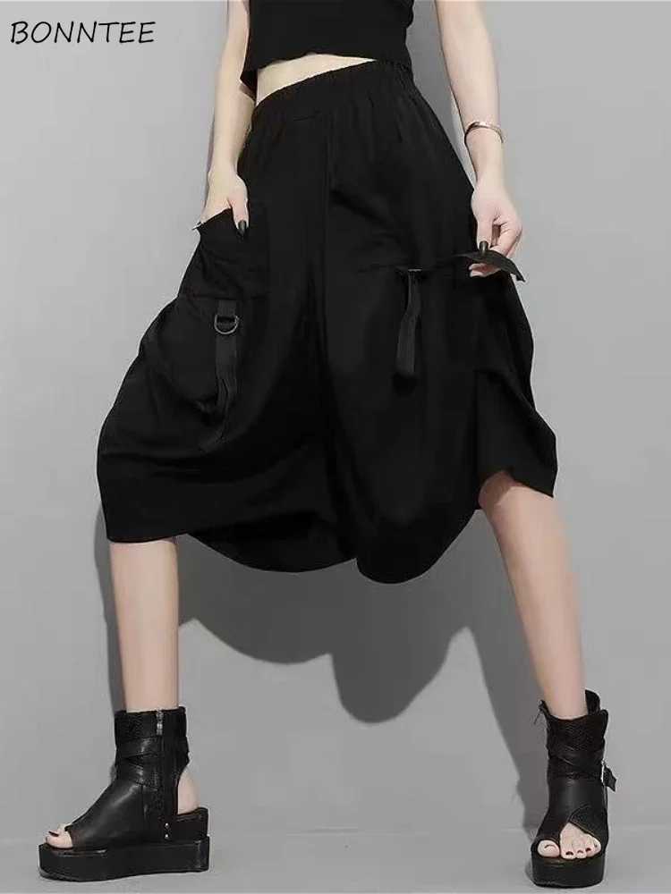 سروال نسائي أسود فضفاض للجنسين متعدد الجيوب شخصية رائعة للفتيات موضة Ulzzang High Street متعدد الاستخدامات بطول الركبة