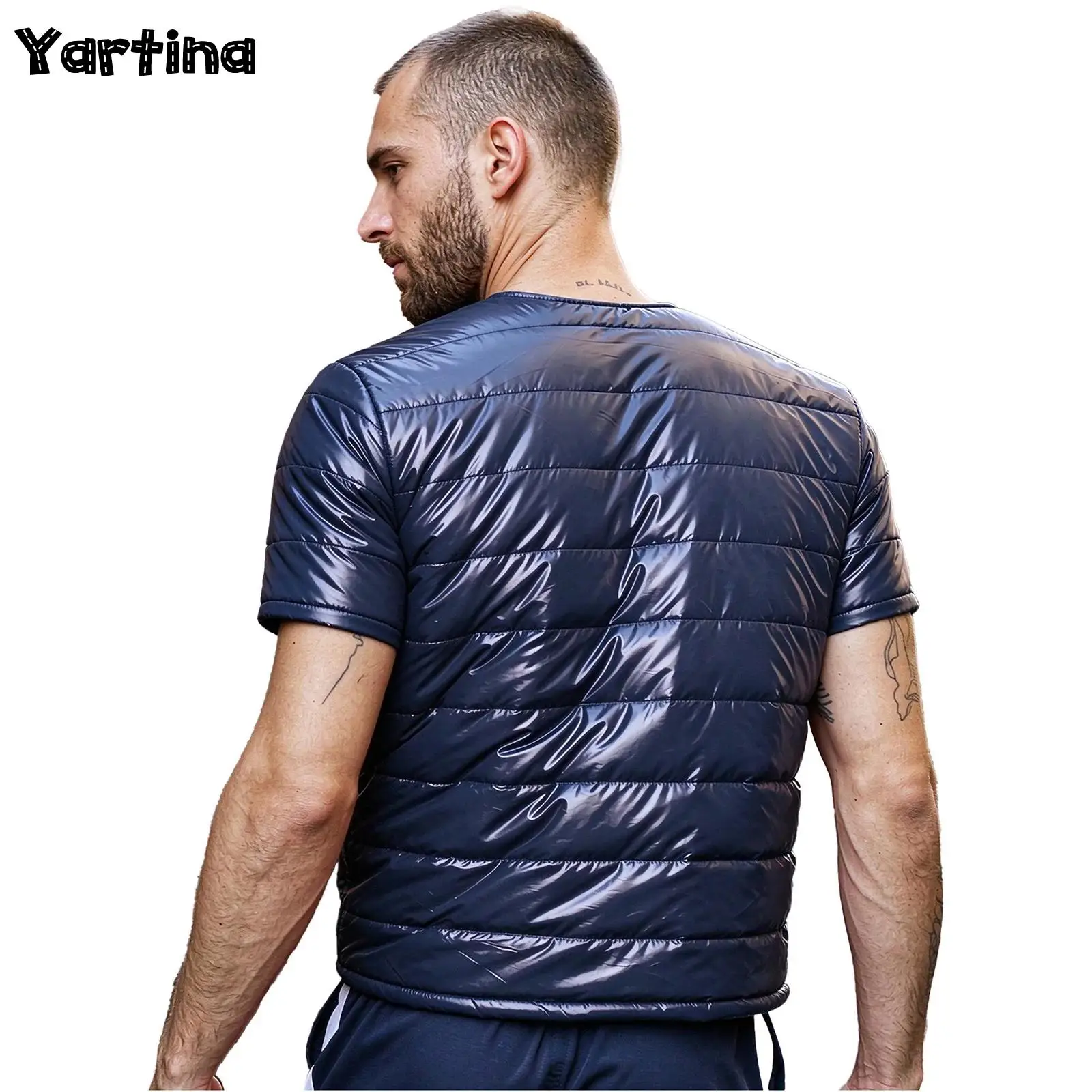Mens Metallic Shiny Puffer Short Sleeve Jacket Water-resistant Quilted Puffer Outerwear Round Neck Full Zip Quilted Jacket Coat