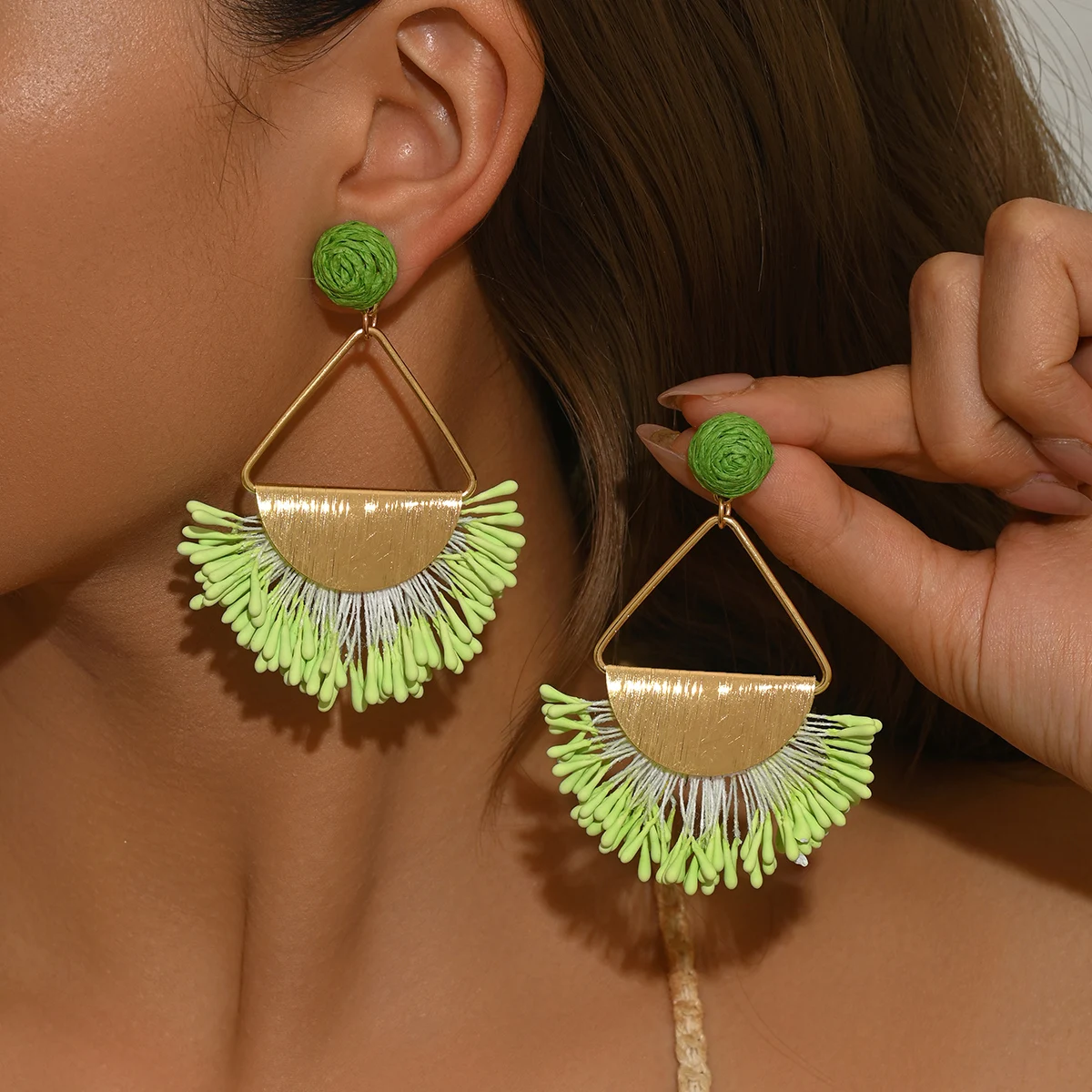 Handmade Fan Shape Fringe Drop Earrings Gold Triangle Frame Raffia Ball Stud Colorful Tassel Earrings for Women Beach Travel