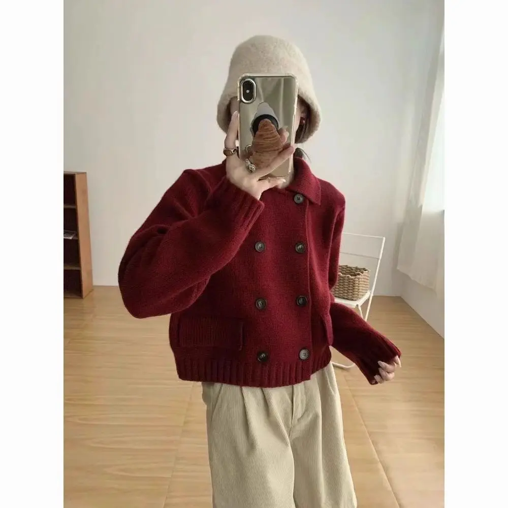 

2025 Autumn and Winter New Style Lapel Long Sleeved Double Row Jacket Knitted Sweater Cardigan Knitted Sweater
