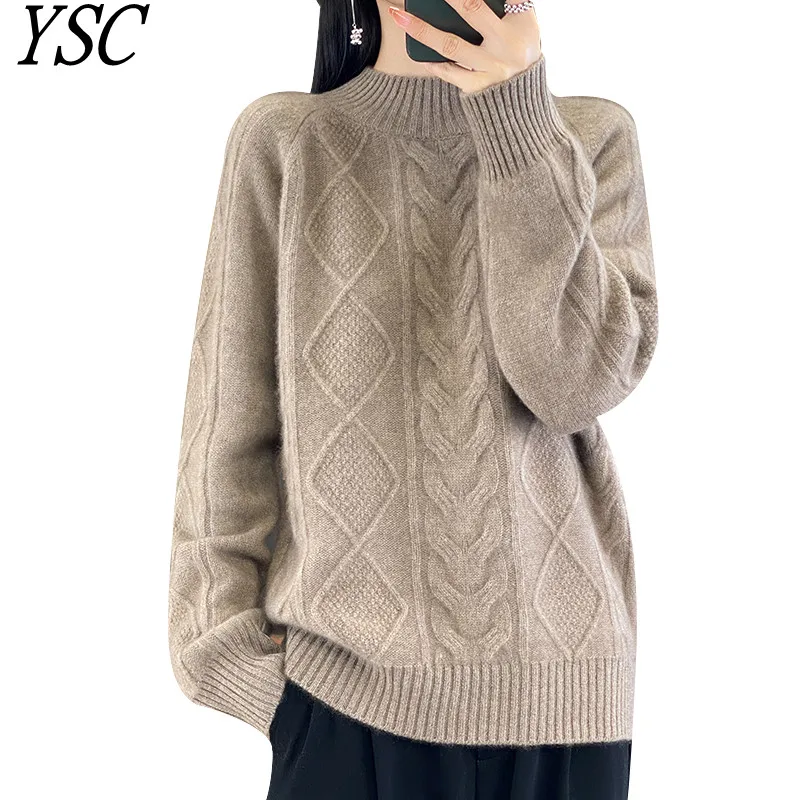 

YSC 2024 New Women's Knitting Cashmere sweaters Half height collar Twisted pattern high-quality Thickened Loose&warm pullover 4