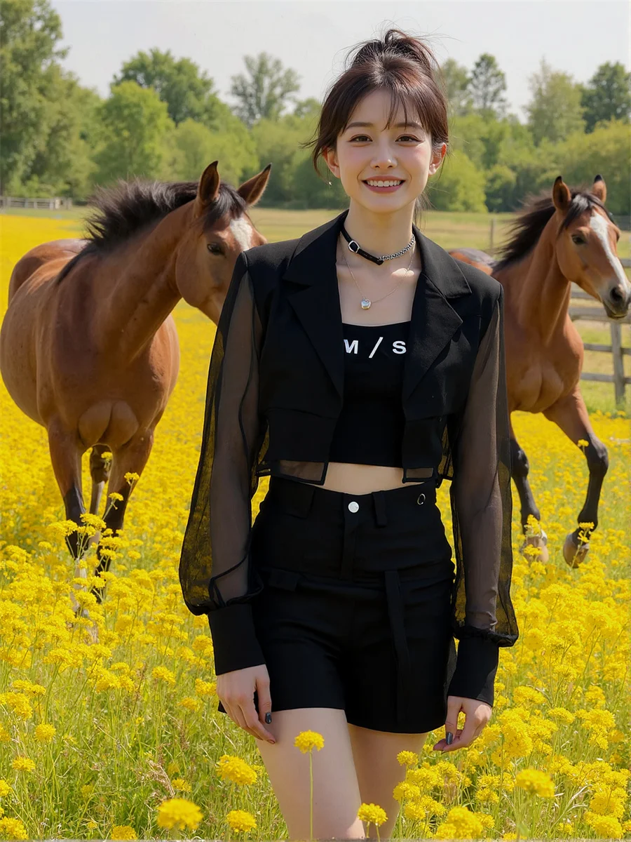 

Солнцезащитные укороченные прозрачные пиджаки с разрезом сзади Элегантная женская одежда для женщин с широкими рукавами и пуговицами для девочек Трехмерный OL