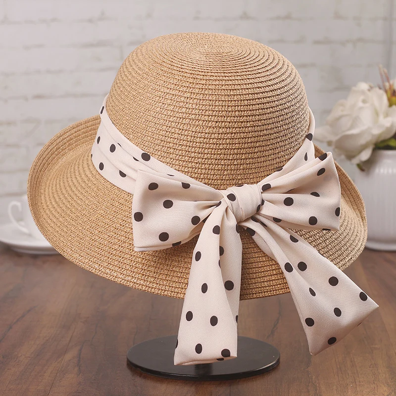 

Elegant Dot Bow Straw Sun Cap for Women Summer Floppy Bucket Hat Sun-proof Wide Brim Travel Beach Ladies Sombrero Hombre Chapeau