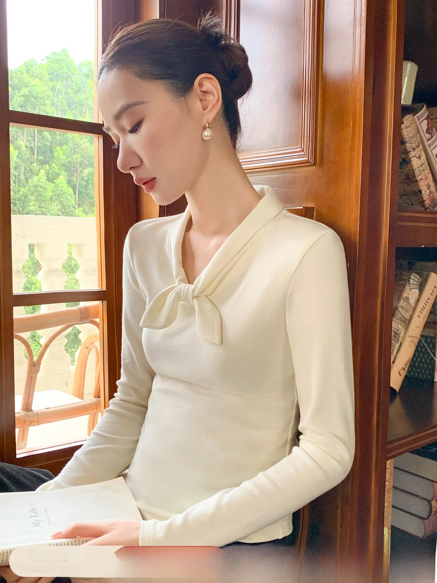 

Slim Fit Knot Collar T-irt Women's Autumn Winter New Sle Base irt Top XXNING French Sle High Waist Long Sve