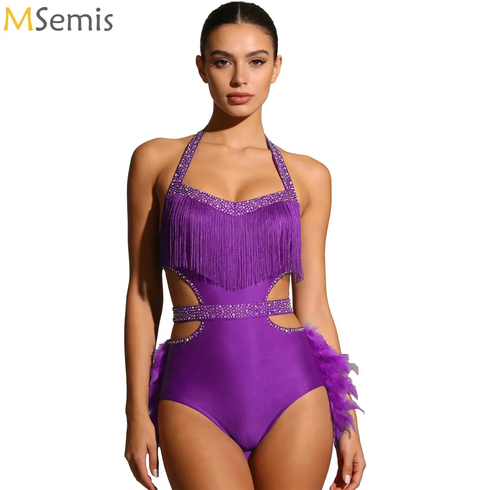 

Womens Glittery Rhinestone Dance Bodysuit Faux Feather Halter Backless Leotard Jumpsuit for Latin Rumba Samba Spanish Dance