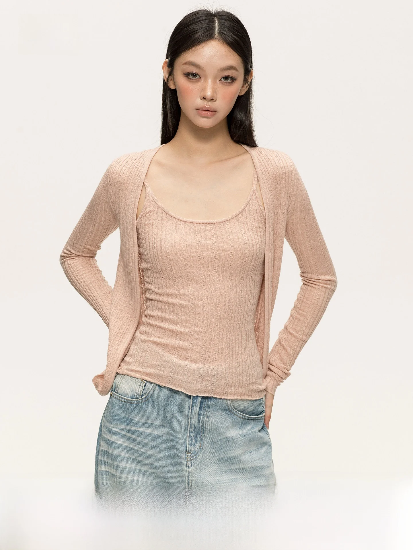 

Anna Aneae Summer Lightweight Sun Protection Knitted Two-Piece Set Women's Slim Fit Cardigan Asymmetrical Casual Style