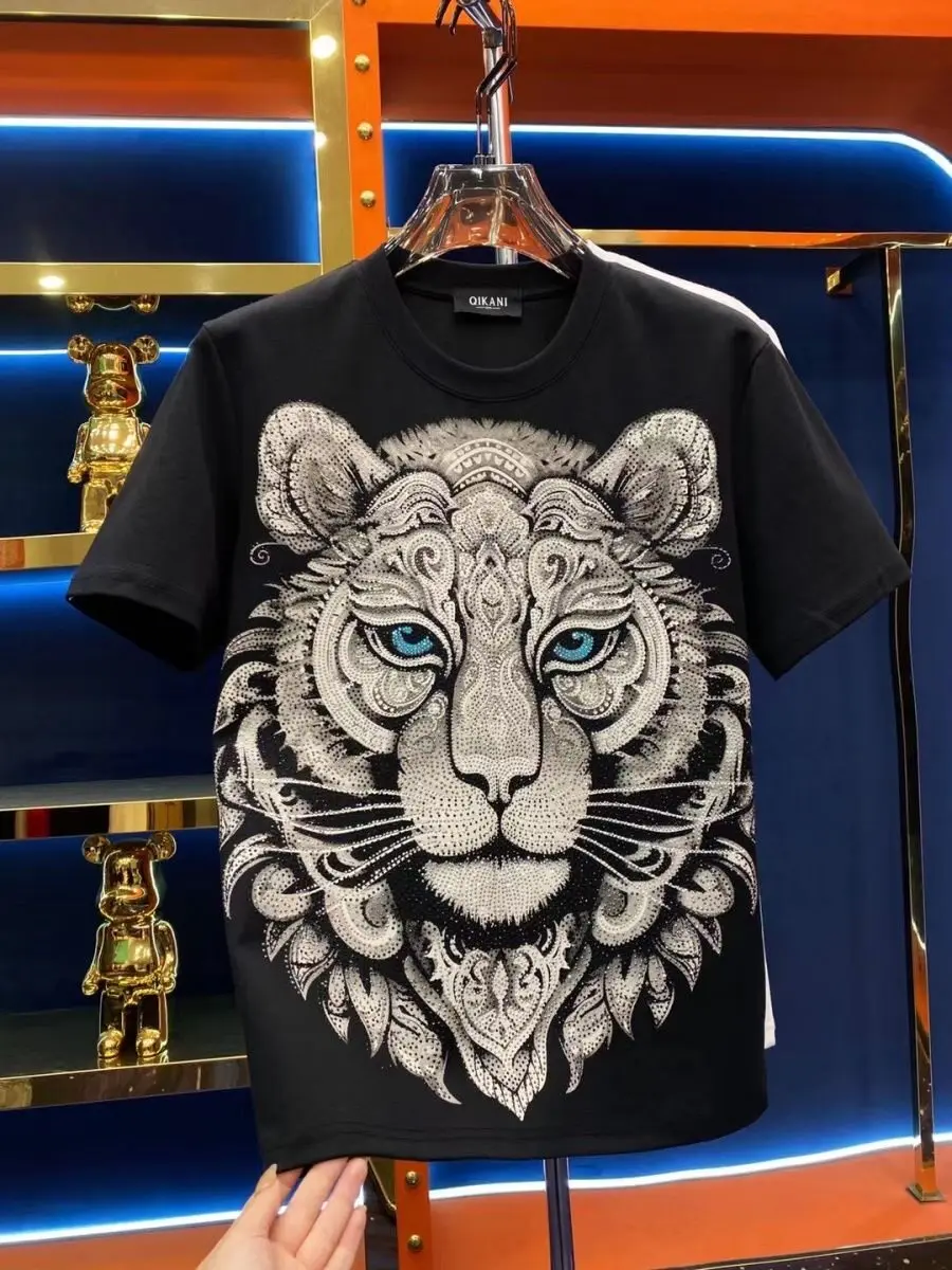 Summer New American Streetwear Men Starry Tiger Rhinestone Printed Loose Casual White Black Round Neck Short Sleeve T-shirt