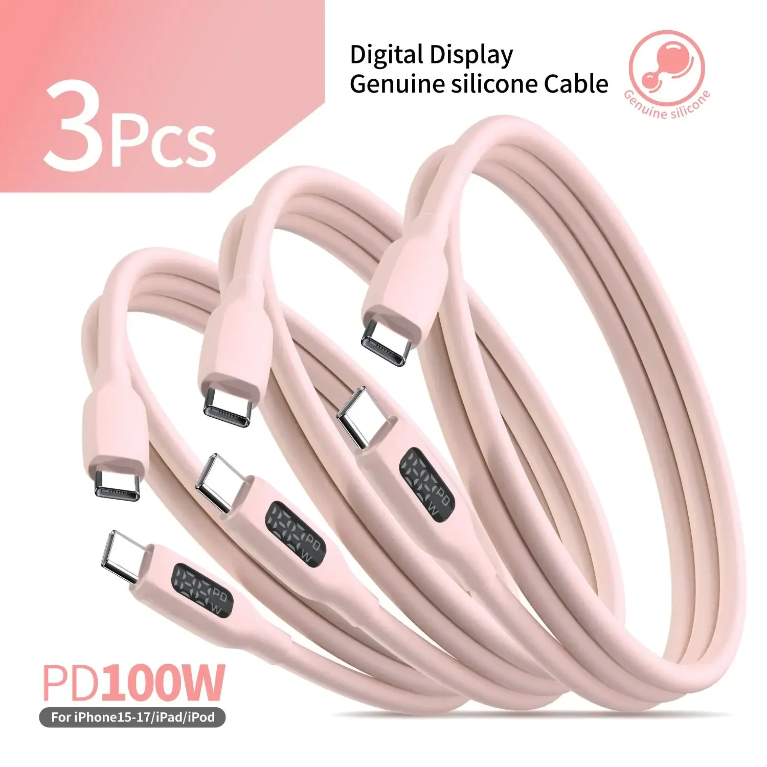 PD100W USB C сверхбыстрый зарядный кабель милый розовый силиконовый светодиодный экран для iPhone 17/16/15 и телефонов Type-C планшетов