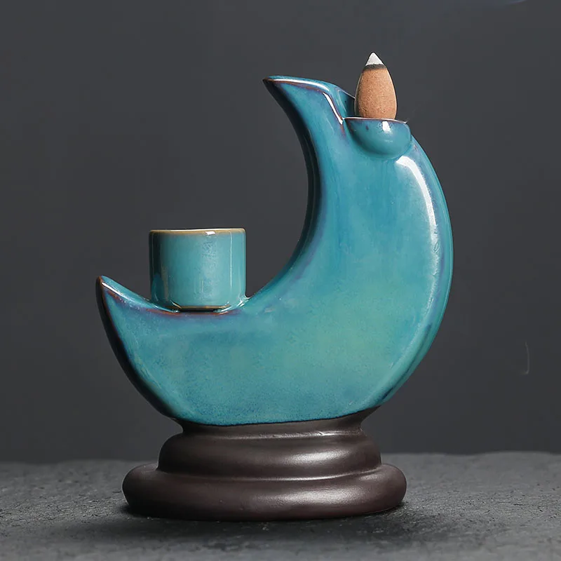 1pc 3 in1 Ceramic Moon Waterfall Incense Burner with Backflow Feature Candle Holder & Incense Stick Burner (Without Incense）