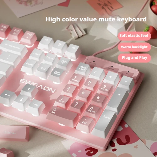 Imagen 1 del producto EWEADN GX320Z Teclado de oficina silencioso rosa, escritura silenciosa con cable USB para PC/portátil Windows, oficina y juegos, ergonómico, cómodo